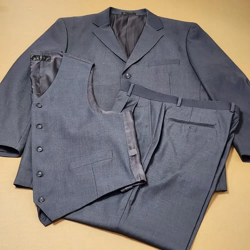 Vinci Suit Mens 44 38x29 Gray Poly Rayon Solid 3 Piece Classic Fit Notch Lapel
